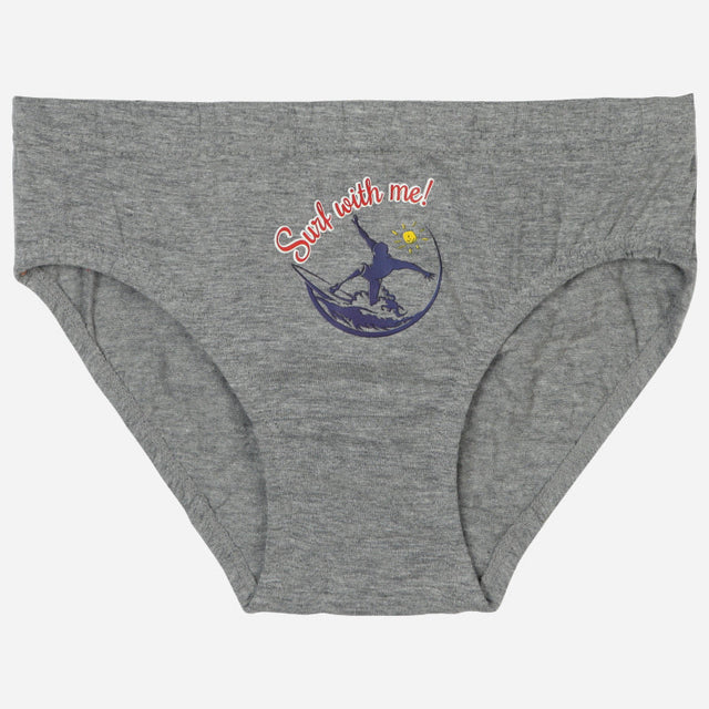 Grey kids innerwear brief with 'Surf with me!' and surfer graphic print on front