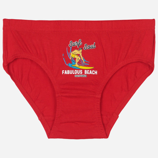 Red kids' cotton brief with surfing print and 'Surf Soul Fabulous Beach California' text