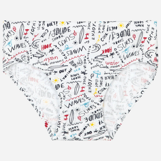 Kids white innerwear brief with colorful doodle print, soft cotton, comfortable fit