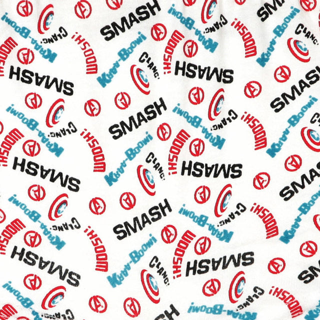 White fabric with colorful superhero comic text and icons, kids innerwear print pattern.