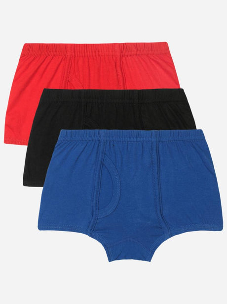 Three boys cotton innerwear trunks multipack in red, black, and blue colors, displayed flat.
