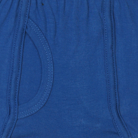 Close-up of blue kids innerwear with elastic waistband and front stitching detail