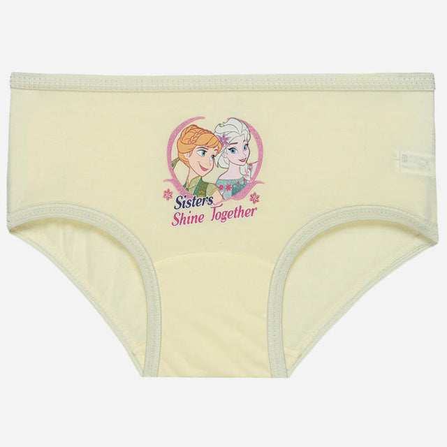 Girls yellow innerwear brief with cartoon sisters print and 'Sisters Shine Together' text