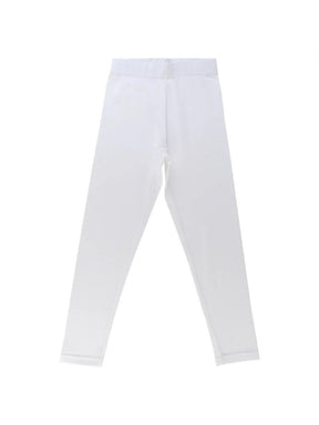 White kids thermal leggings with elastic waistband, full length, plain design on white background