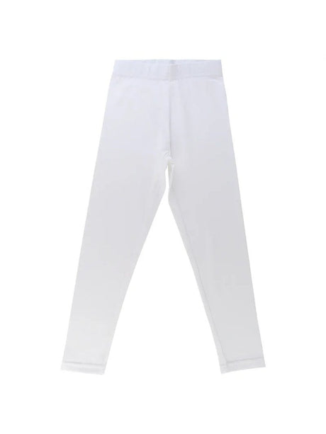 White kids thermal leggings with elastic waistband, full length, plain design on white background