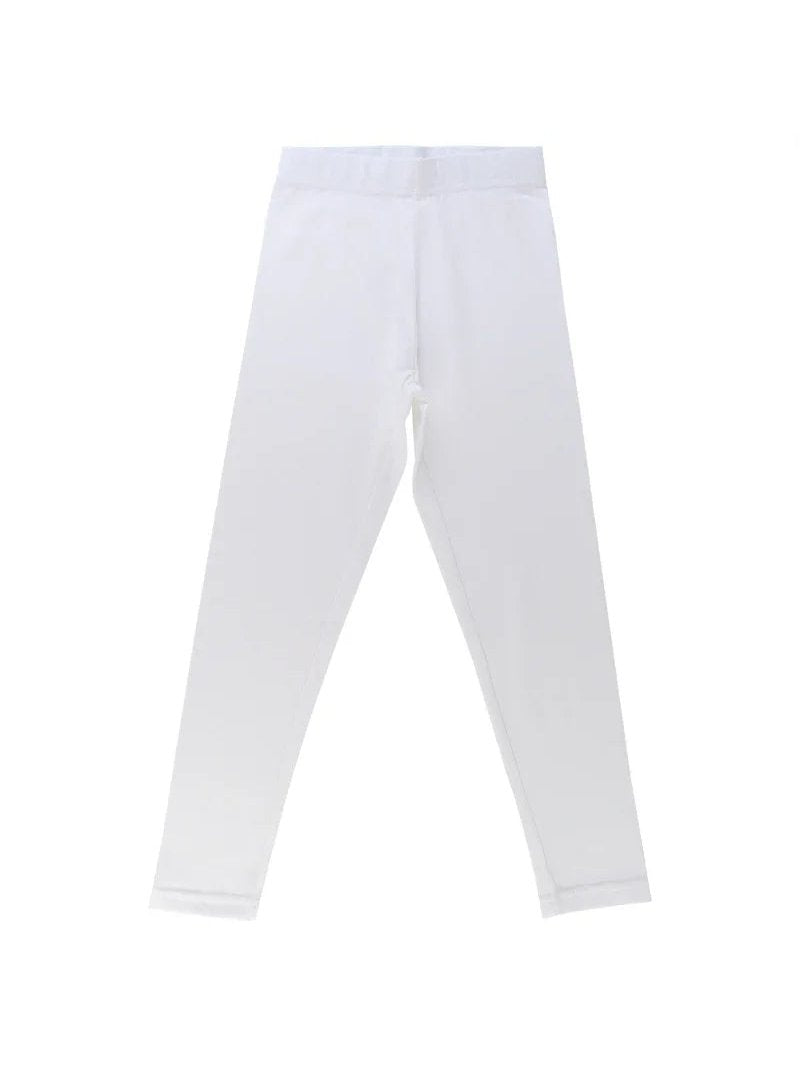 White kids thermal leggings with elastic waistband, full length, plain design on white background
