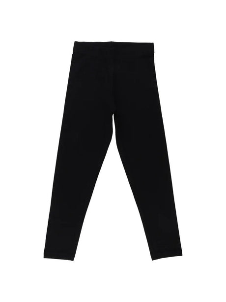 Kids black thermal leggings, full length, flat lay on white background