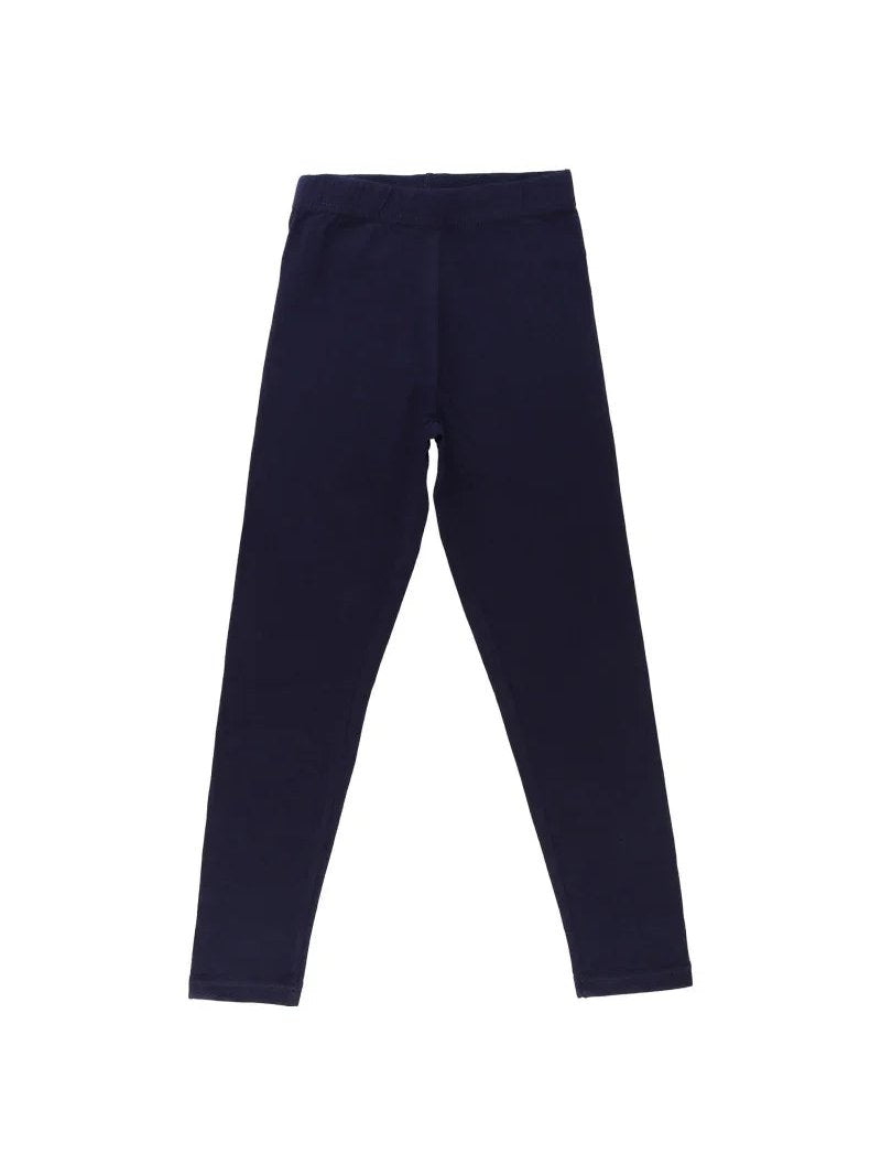 Navy blue kids thermal leggings with elastic waistband, full length, front view on white