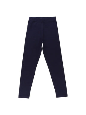 Navy blue kids thermal leggings with elastic waistband, full length, front view on white