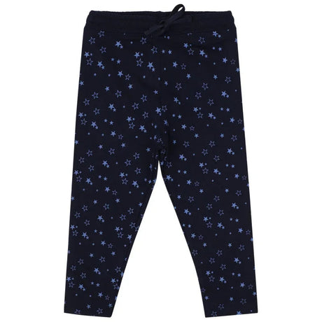 Navy blue kids leggings with light blue star pattern and elastic waistband