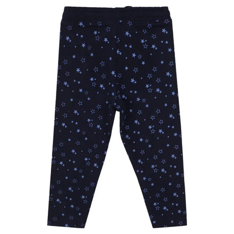 Navy blue kids leggings with light blue star print, full length, elastic waistband