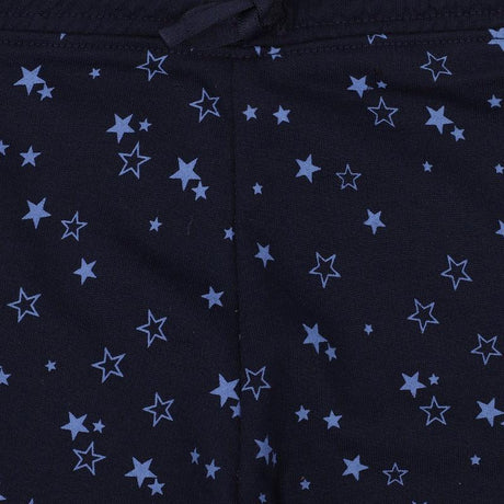 navy blue kids apparel with light blue star print pattern, soft fabric closeup