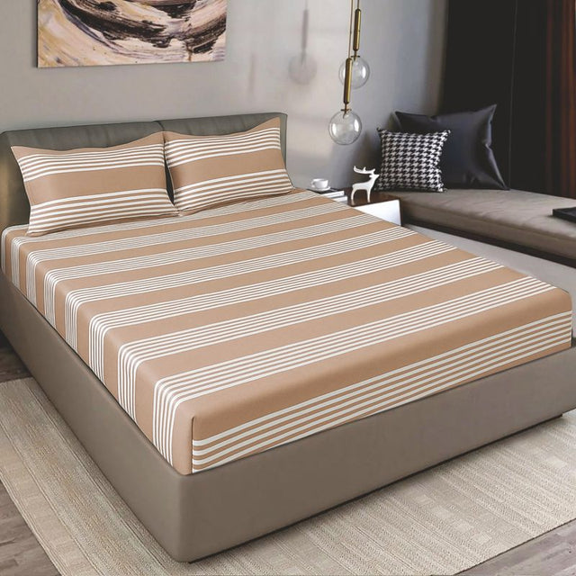 King Size Cotton Fitted Bedsheet Striped Beige - Bodycare