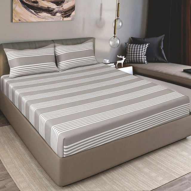 King Size Cotton Fitted Bedsheet Striped Grey - Bodycare