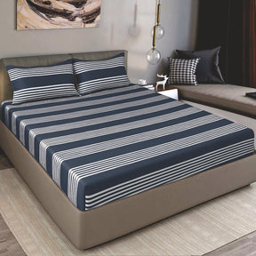 King Size Cotton Fitted Bedsheet Striped Navy - Bodycare