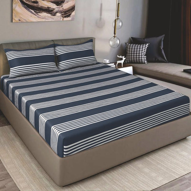 King Size Cotton Fitted Bedsheet Striped Navy - Bodycare