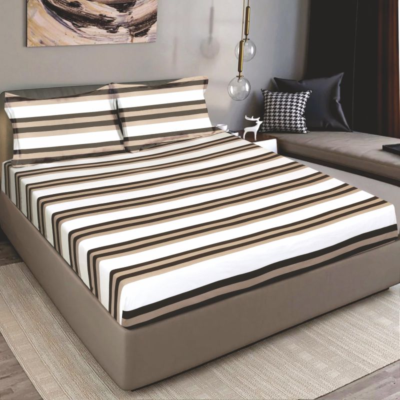 King Size Cotton Fitted Bedsheet Beige Striped - Bodycare