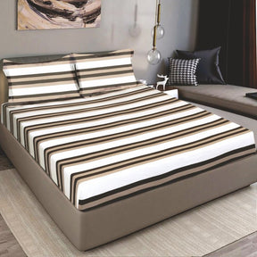 King Size Cotton Fitted Bedsheet Beige Striped - Bodycare