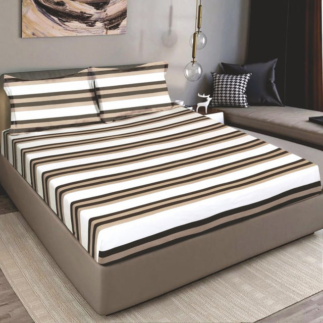 King Size Cotton Fitted Bedsheet Beige Striped - Bodycare