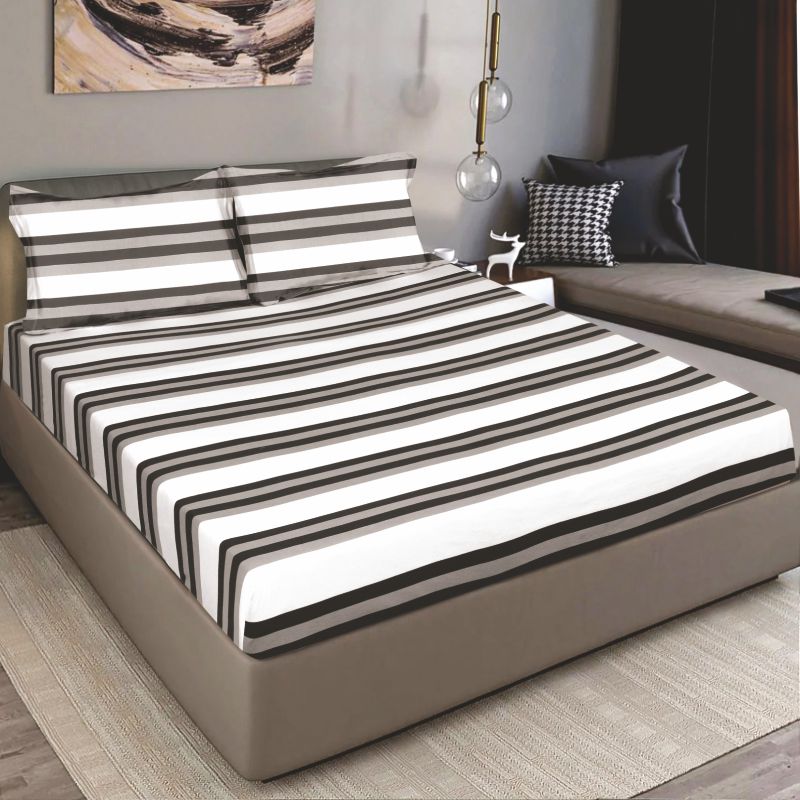 King Size Cotton Fitted Bedsheet Grey Striped - Bodycare