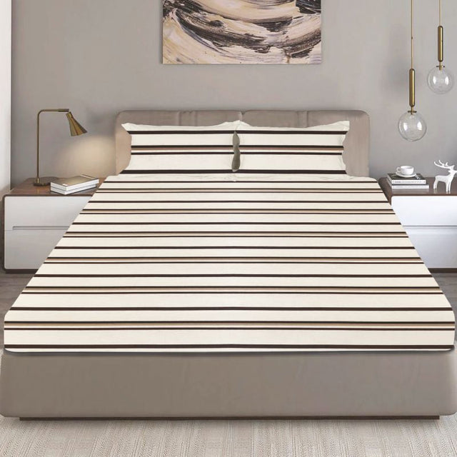 King Size Cotton Fitted Bedsheet Striped Off White - Bodycare
