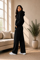 BodyComfy Women’s Black Terry Fabric Set with Hooded & Wide-Leg Pants