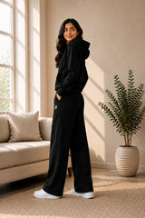 BodyComfy Women’s Black Terry Fabric Set with Hooded & Wide-Leg Pants
