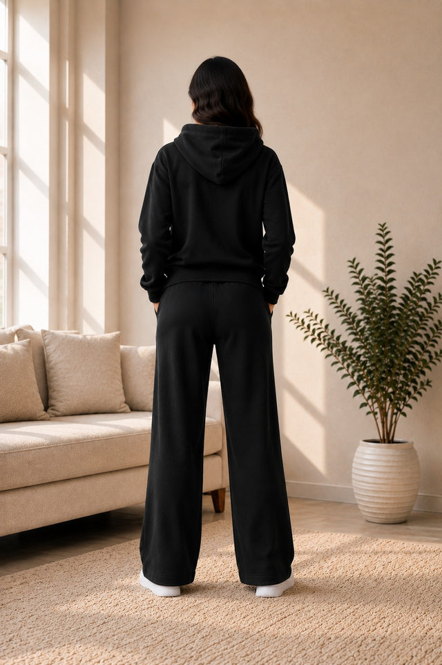 BodyComfy Women’s Black Terry Fabric Set with Hooded & Wide-Leg Pants