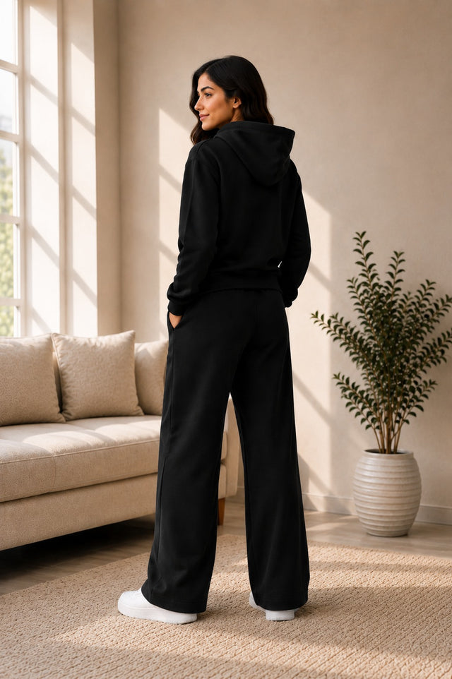 BodyComfy Women’s Black Terry Fabric Set with Hooded & Wide-Leg Pants