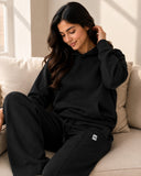 BodyComfy Women’s Black Terry Fabric Set with Hooded & Wide-Leg Pants