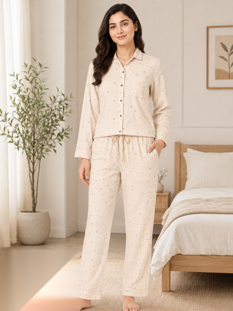Bodycomfy Women's Printed Woven Night Suit - Peach Lite & Irish Cream - lifestyle image 2