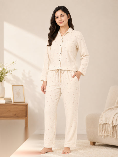 Bodycomfy Women's Printed Woven Night Suit - Peach Lite & Irish Cream - alternate image 3