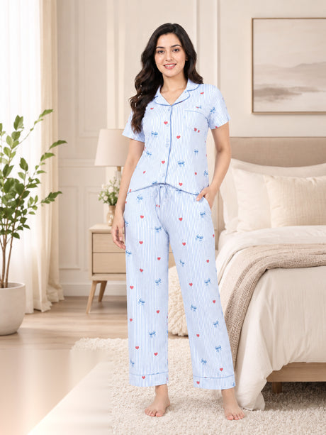 Bodycomfy Women's Printed Lycra Single Jersey Night Suit - Marshmallow, White & Multicolor - lifestyle image 2