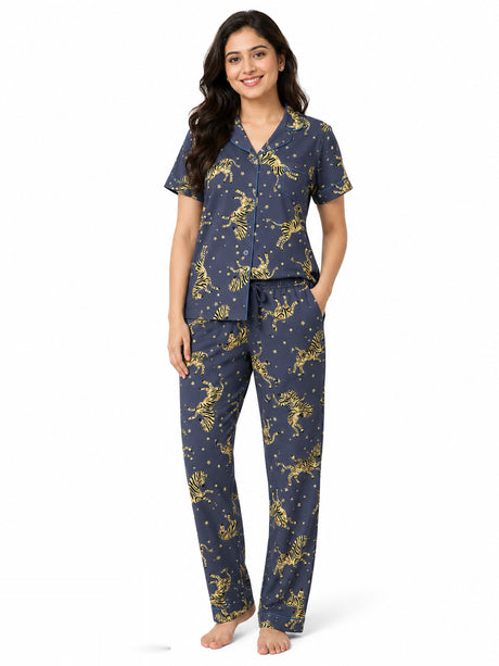 Bodycomfy Women's Printed Lycra Single Jersey Night Suit - Marshmallow & Navy - product image 1