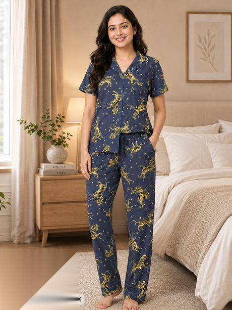 Bodycomfy Women's Printed Lycra Single Jersey Night Suit - Marshmallow & Navy - lifestyle image 2