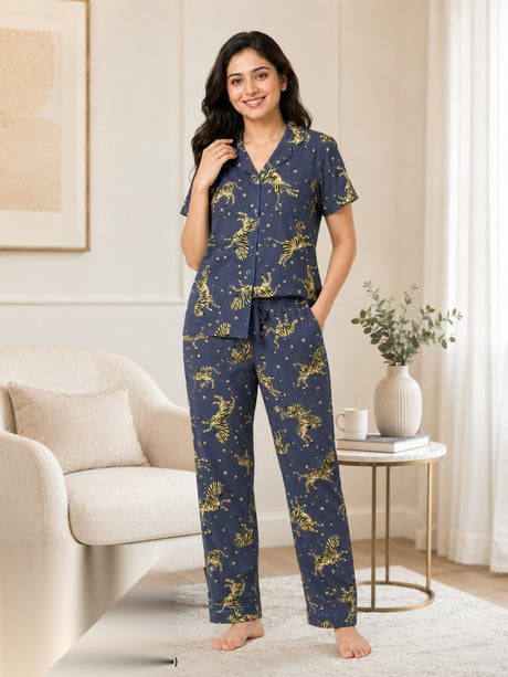 Bodycomfy Women's Printed Lycra Single Jersey Night Suit - Marshmallow & Navy - alternate image 3