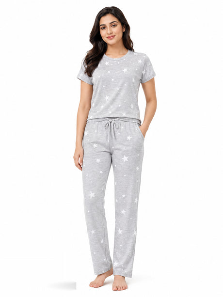 Bodycomfy Women's Printed Polyester Night Suit - Lite Grey, Marshmallow & Melange Acru - product image 1