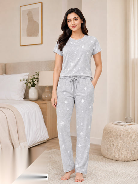 Bodycomfy Women's Printed Polyester Night Suit - Lite Grey, Marshmallow & Melange Acru - lifestyle image 2