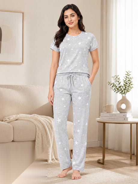 Bodycomfy Women's Printed Polyester Night Suit - Lite Grey, Marshmallow & Melange Acru - alternate image 3