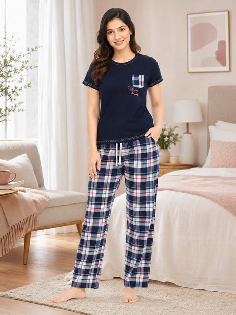 Bodycomfy Women's Printed Lycra Single Jersey Night Suit - Navy - lifestyle image 2