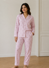 Bodycomfy Women's Cotton Spandex Collared Full Sleeves Night Suit with Pink Flower for Lounge Wear, Sleepwear and Relaxed Everyday Comfort