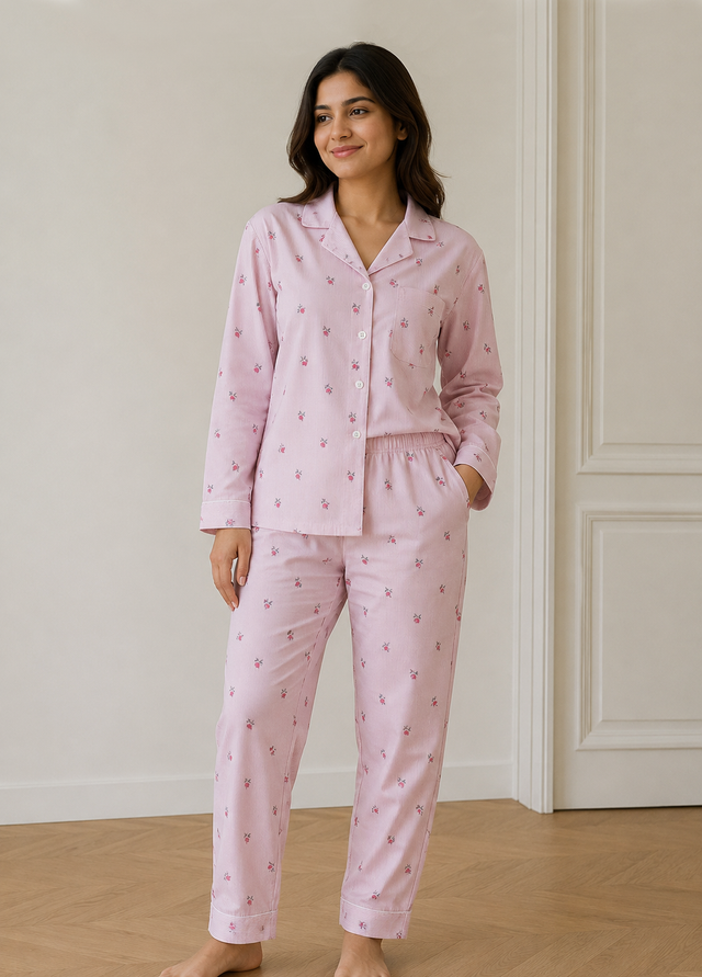 Bodycomfy Women's Cotton Spandex Collared Full Sleeves Night Suit with Pink Flower for Lounge Wear, Sleepwear and Relaxed Everyday Comfort