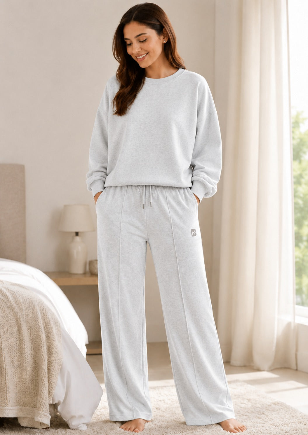 BodyComfy Women’s French Terry Fabric Sweatshirt & Wide-Leg Pyjama Set