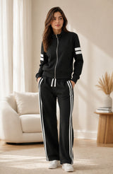 BodyComfy Women’s Black Fleece Tracksuit Set with Contrast White Stripe Detailing