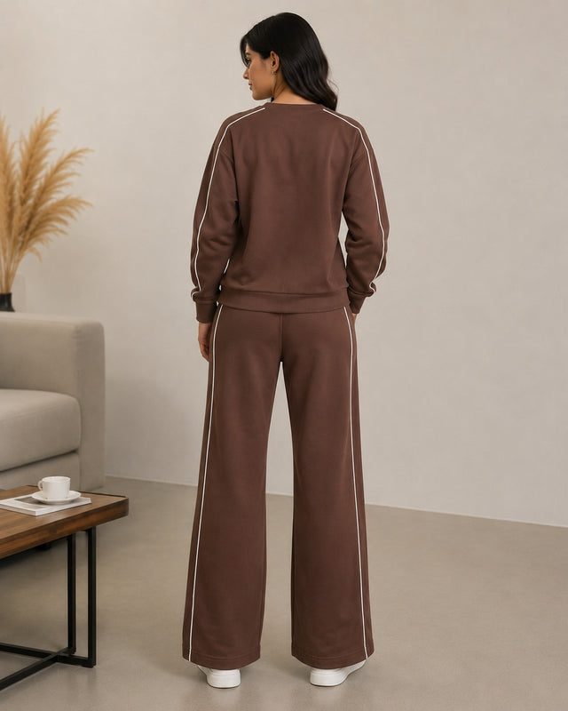 BodyComfy Women’s Brown Fleece Co-Ord Set with Contrast White Piping
