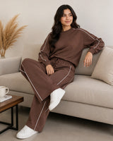 BodyComfy Women’s Brown Fleece Co-Ord Set with Contrast White Piping
