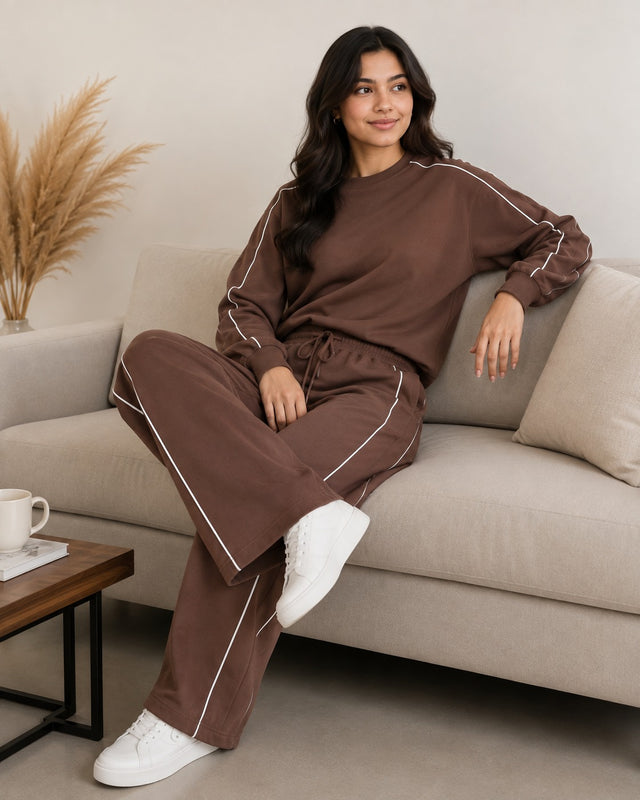BodyComfy Women’s Brown Fleece Co-Ord Set with Contrast White Piping