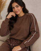 BodyComfy Women’s Brown Fleece Co-Ord Set with Contrast White Piping