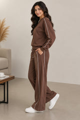 BodyComfy Women’s Brown Fleece Co-Ord Set with Contrast White Piping