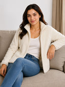 Women's Soft Cream Fur Fleece Full-Zip Jacket with High Neck & Side Pockets